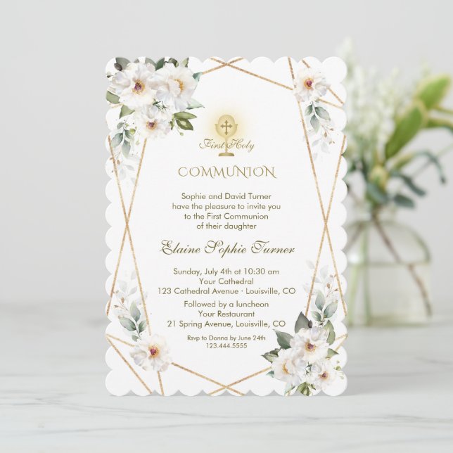 Elegant White Flowers Gold First Holy Communion Invitation (Standing Front)