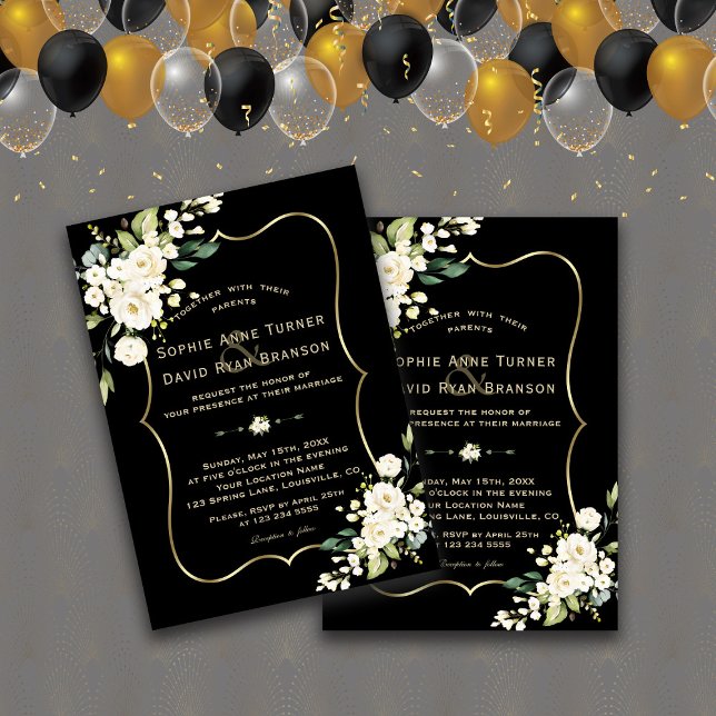 Elegant White Flowers Gold Frame Black Wedding Invitation (trendy elegant modern white floral black gold wedding invitation)