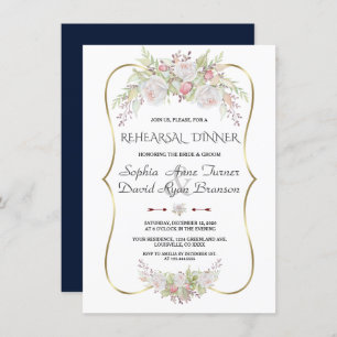 Elegant White Flowers Gold Frame Rehearsal Dinner Invitation