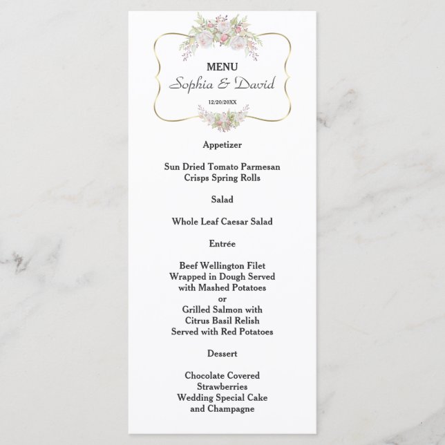 Elegant White Flowers Gold Frame Wedding Menu (Front)