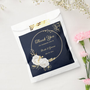 Elegant white flowers gold navy wedding favour bag