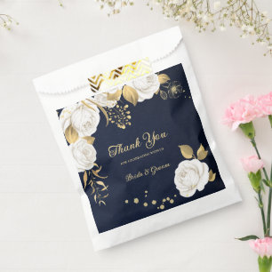 Elegant white flowers gold navy wedding favour bag