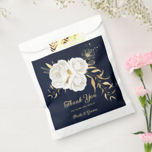 Elegant white flowers gold navy wedding favour bag