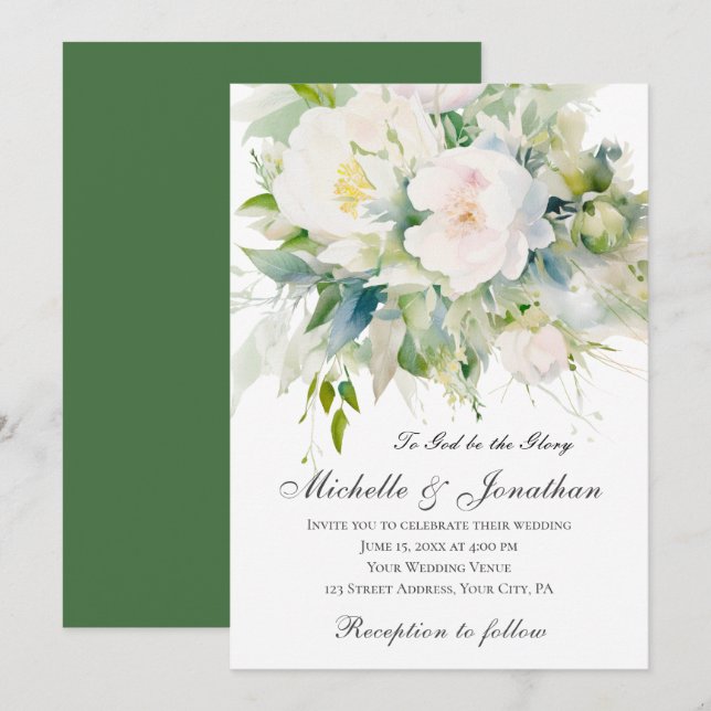 Elegant White Flowers Greenery Christian Wedding  Invitation (Front/Back)