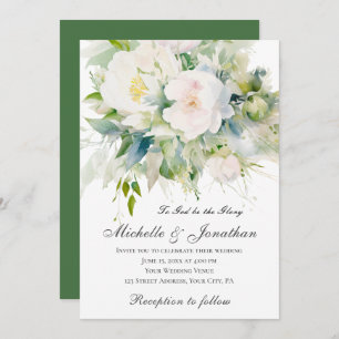 Elegant White Flowers Greenery Christian Wedding Invitation