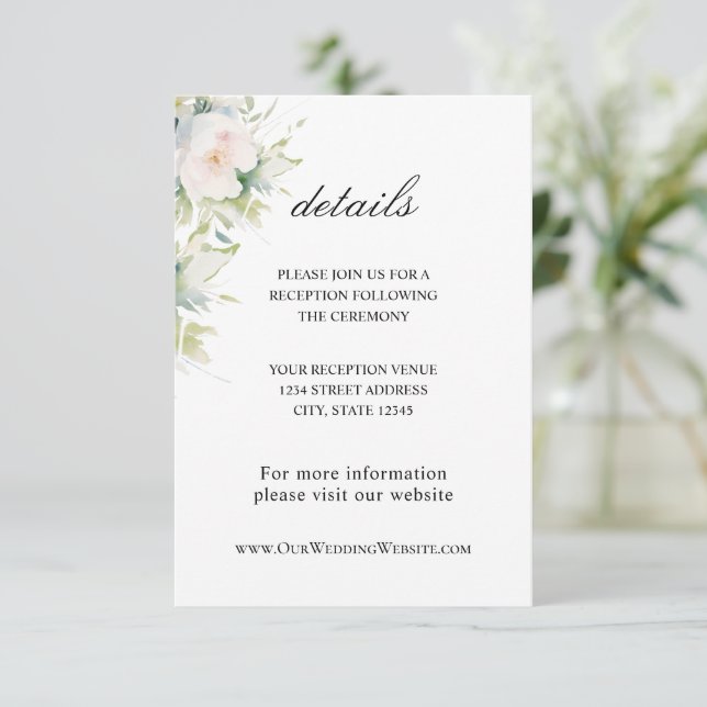 Elegant White Flowers Greenery Floral Wedding  Enclosure Card (Standing Front)