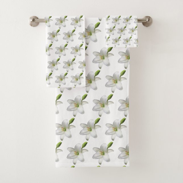 Elegant White Flowers on White Background Bath Towel Set (Insitu)