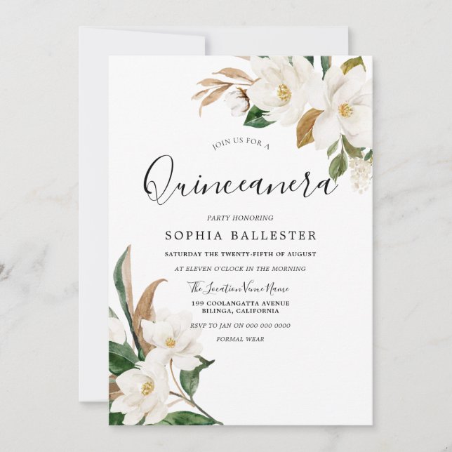 Elegant White Flowers Quinceanera Party Invitation (Front)