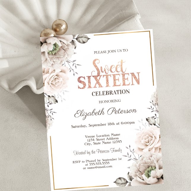 Elegant White Flowers Sweet 16  Invitation (Creator Uploaded)