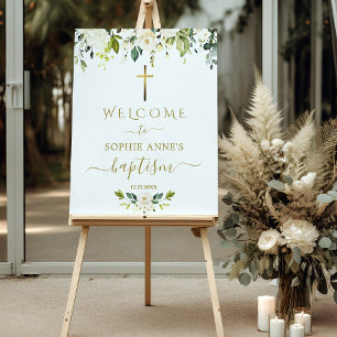 Elegant White Flowers Welcome Baptism Sign