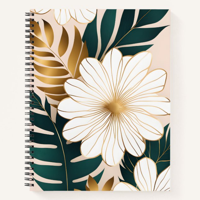 Elegant White Flowers with Green & Gold Foliage Notebook (Front)