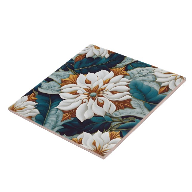 Elegant White Flowers With Teal Leaves in Bloom Ceramic Tile (Side)