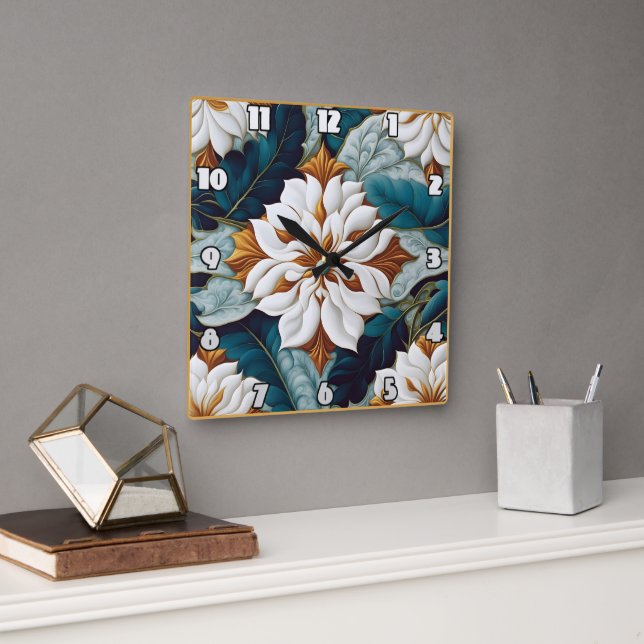 Elegant White Flowers With Teal Leaves in Bloom Square Wall Clock (Office)
