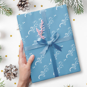Elegant White Foliage Pattern on Blue Wrapping Paper