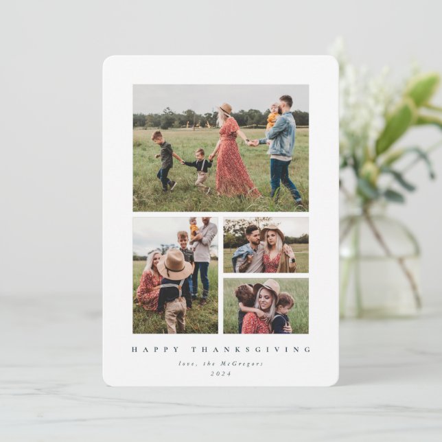 Elegant White Frame 4 Photo Happy Thanksgiving Holiday Card (Standing Front)