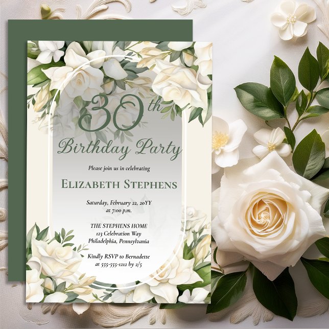 Elegant White Gardenia Floral 30th Birthday Party Invitation (Elegant White Gardenia Floral 30th Birthday Party Invitations -- Print | Digital Download)