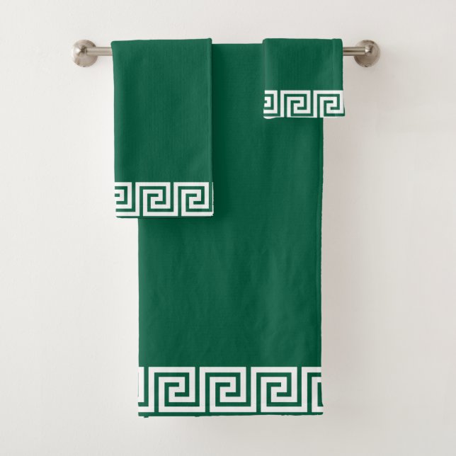 Elegant White Geometric Pattern Frame on Green Bath Towel Set (Insitu)