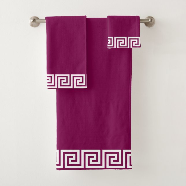 Elegant White Geometric Pattern Frame on Maroon Bath Towel Set (Insitu)