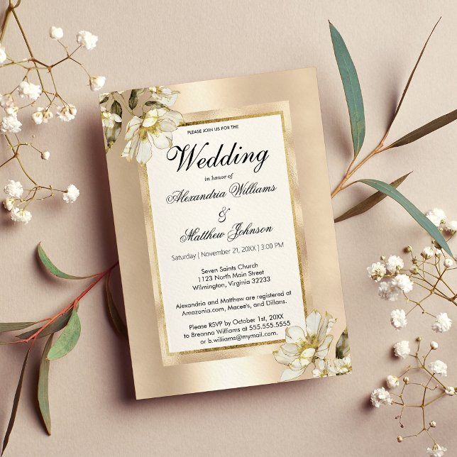 Elegant white glam champagne gold floral Wedding  Invitation (Elegant white glam champagne gold floral Wedding)