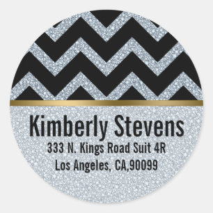 Elegant White Glitter Black Chevron Gold Accents Classic Round Sticker