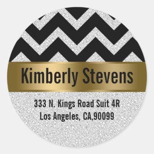 Elegant White Glitter Black Chevron Gold Accents Classic Round Sticker