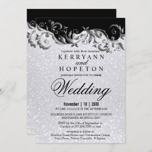 Elegant White Glitter, Black & Silver Wedding  Inv Invitation