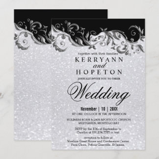 Elegant White Glitter, Black & Silver Wedding Inv Invitation