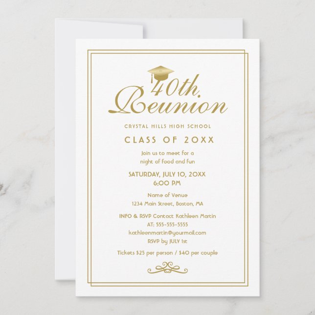 Elegant White Gold 40th Class Reunion Invitation (Front)