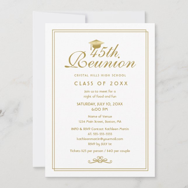 Elegant White Gold 45th Class Reunion Invitation (Front)