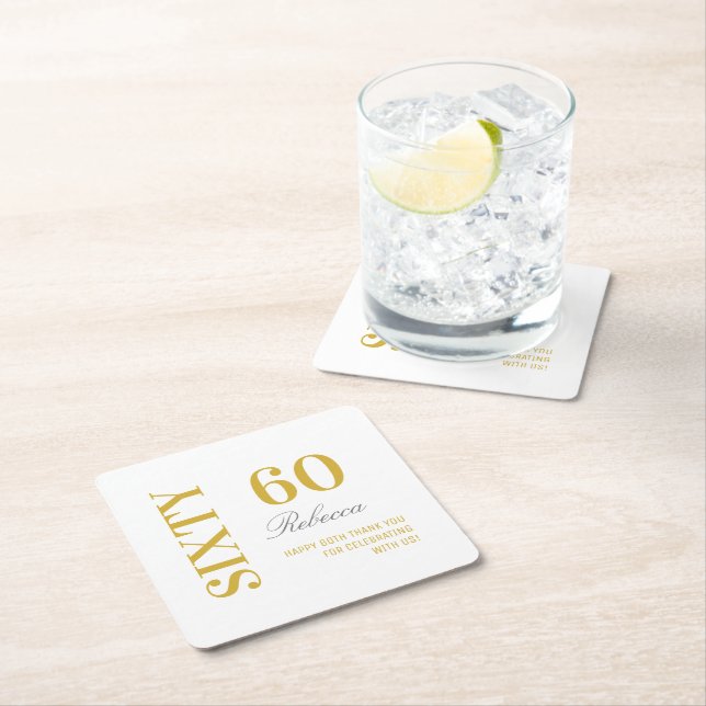 Elegant White & Gold 60th Birthday Cocktail Party  Square Paper Coaster (Insitu)