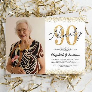 Elegant White Gold 90th Birthday Photo Invitation