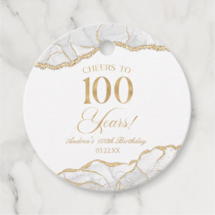 Elegant White Gold Agate 100th Birthday Party Favour Tags
