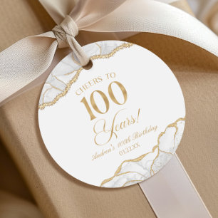 Elegant White Gold Agate 100th Birthday Party Favour Tags