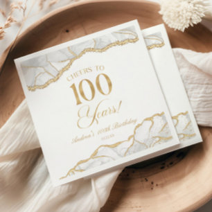 Elegant White Gold Agate 100th Birthday Party Napkin