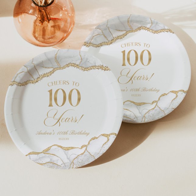 Elegant White Gold Agate 100th Birthday Party Paper Plate (Creator Uploaded)