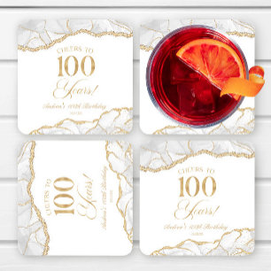 Elegant White Gold Agate 100th Birthday Party Square Paper Coaster