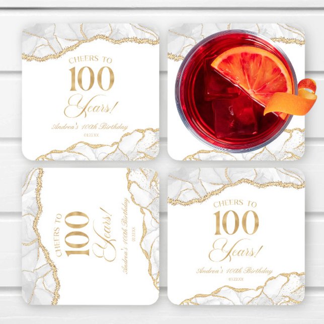 Elegant White Gold Agate 100th Birthday Party Square Paper Coaster (Creator Uploaded)