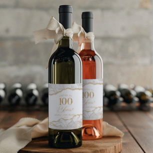 Elegant White Gold Agate 100th Birthday Party Wine Label