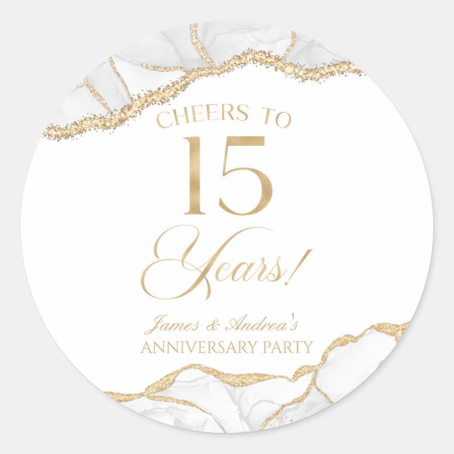 Elegant White Gold Agate 15th Anniversary Party Classic Round Sticker (Front)