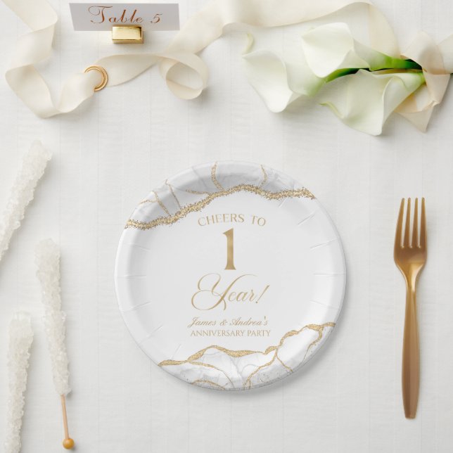 Elegant White Gold Agate 1st Anniversary Party Paper Plate (Wedding)