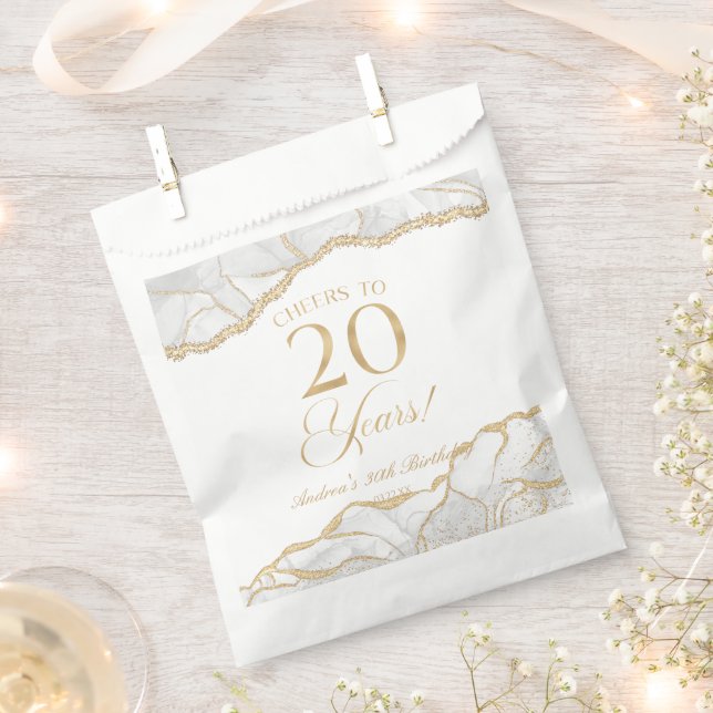 Elegant White Gold Agate 20th Birthday Party Favour Bag (Clipped)