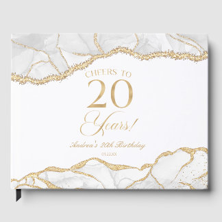 Elegant White Gold Agate 20th Birthday Party Guest Book