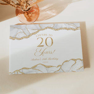 Elegant White Gold Agate 20th Birthday Party Guest Book