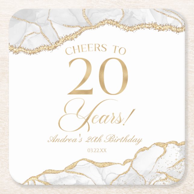 Elegant White Gold Agate 20th Birthday Party Square Paper Coaster (Front)