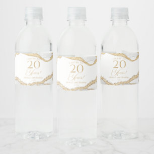 Elegant White Gold Agate 20th Birthday Party Water Bottle Label