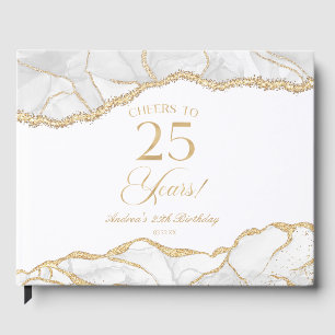 Elegant White Gold Agate 25th Birthday Party Guest Book