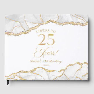Elegant White Gold Agate 25th Birthday Party Guest Book