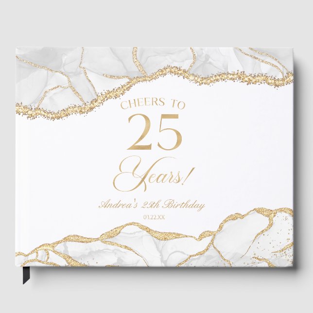 Elegant White Gold Agate 25th Birthday Party Guest Book (Front)