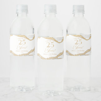 Elegant White Gold Agate 25th Birthday Party Water Bottle Label