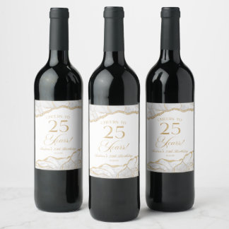 Elegant White Gold Agate 25th Birthday Party Wine Label